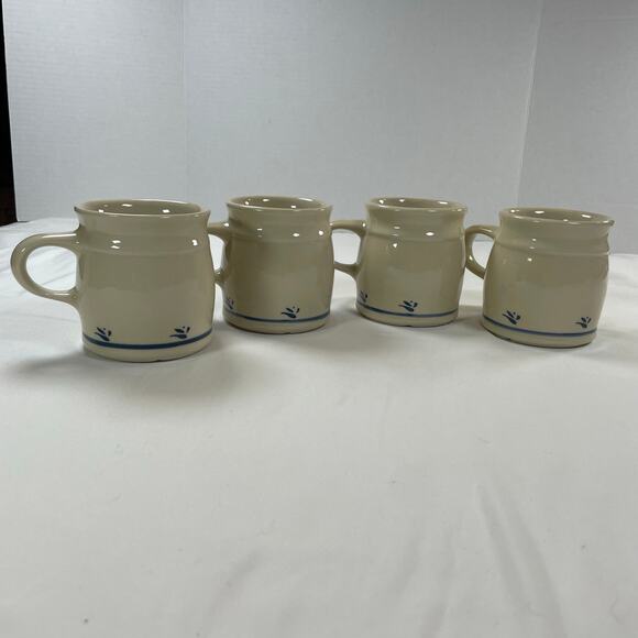 Roseville Other - Roseville Ohio Pottery Blue Stripe Flower Mug Set 4 Stoneware Vintage USA